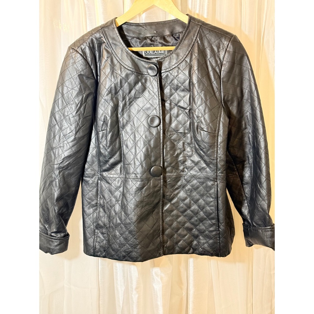 Guillaume Leather Jacket Womens L Black Quilted Collarless Button Front J01456A